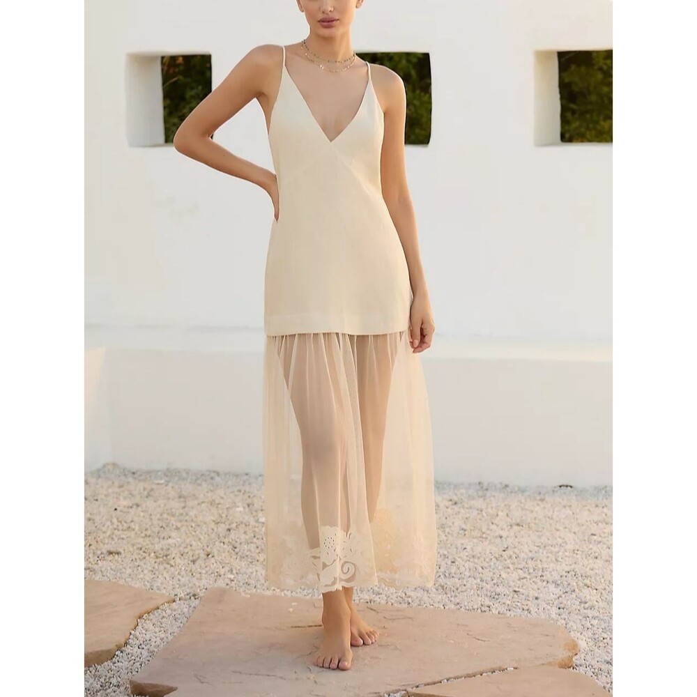 By Anthropologie Celandine Sleeveless Sheer Linen Maxi Slip Dress Solid S 286982